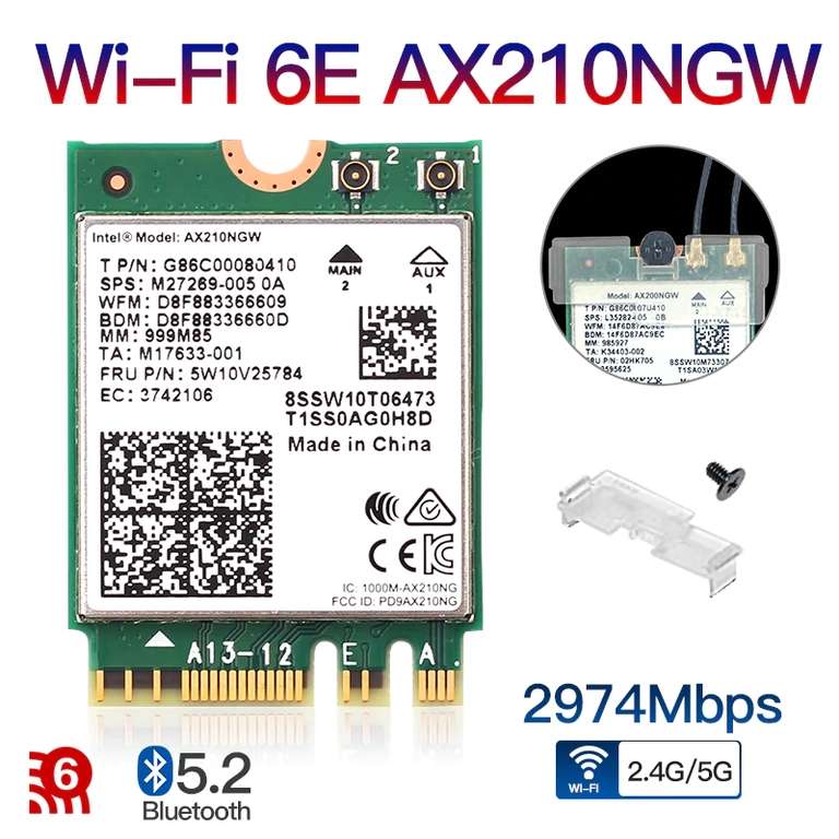 Carte Wi-Fi AX210NGW - Wi-Fi 6E, Bluetooth 5.2, format M.2 A/E