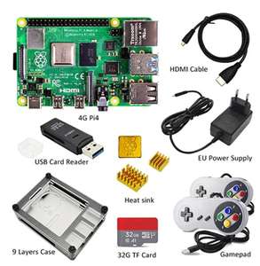 Kit mini-PC Raspberry Pi 4 (4 Go RAM): carte + dissipateur thermique + adaptateur secteur + boîtier + ventilateur + 32 go SD + accessoires