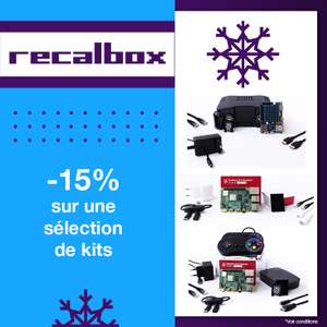 15% de remise sur une sélection de Kits Raspberry Pi 4 Recalbox - Ex : Kit Starter Pack Pi4 avec 2 manettes Recalbox