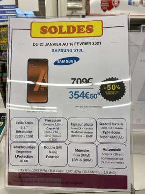 Smartphone 5.8" Samsung Galaxy S10e - Full HD+, Exynos 9 Series 9820, 6 Go RAM, 128 Go (Meyzieu 69)