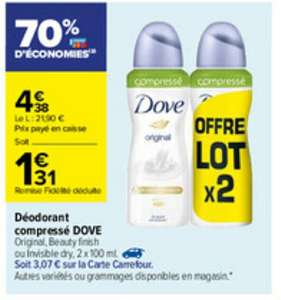 Lot de 2 déodorants compressés Dove - 2 x 100 ml (via 3.07€ sur la carte fidélité)