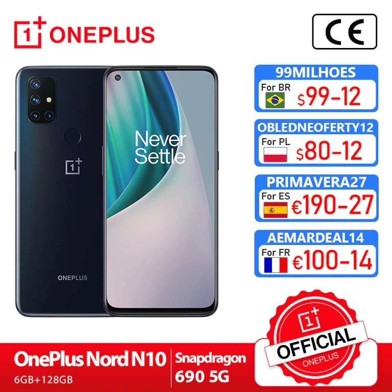 Smartphone 6.49" Oneplus Nord N10 5G - full HD+ 90 Hz, SnapDragon 690, 6 Go de RAM, 128 Go, noir (205.96€ via AEMARDEAL14)