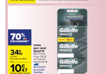 Lot de 10 lames Gillette pour rasoir fusion 5 (ou Skinguard Aloe Vera ou 12 lames pour Mach 3) - Via 24,43€ sur carte de fidélité