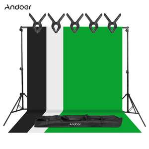 Kit de photographie studio Andoer : 3 Toiles de fond (Noir, Blanc & Vert - 1.6x4m) + Support en métal (2x3m) + 5 Pinces + Sac (Entrepôt EU)