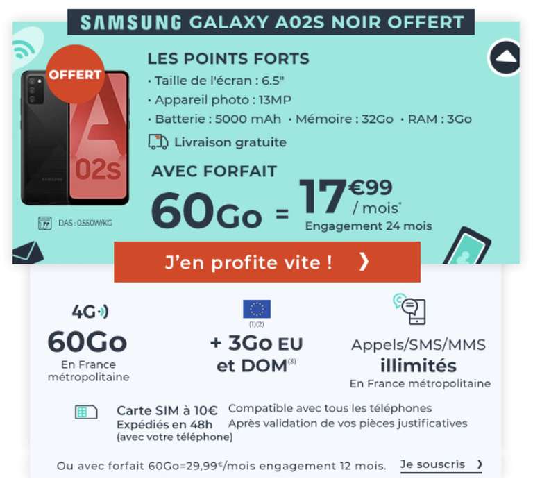 Smartphone 6.5" Samsung Galaxy A02S - 3 Go de RAM, 32 Go de stockage + 24 mois de forfait Cdiscount Mobile Appel/SMS/MMS illimités & 60 Go