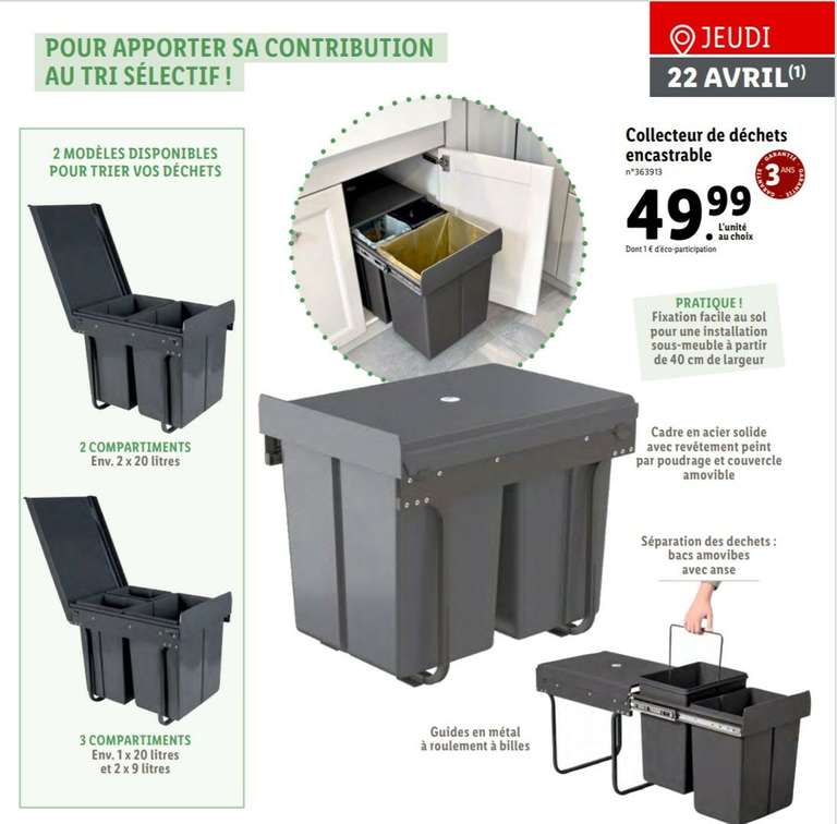 Collecteur de déchets encastrable - avec 2 ou 3 compartiments (2x20 L ou 20 L + 2x9 L)
