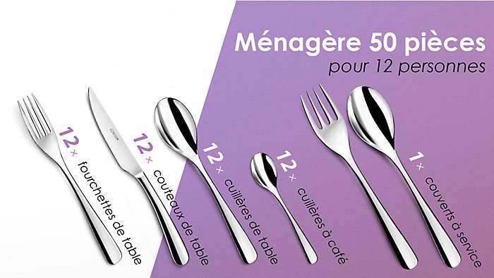 Ménagère Couzon Curv : 50 pièces, 12 personnes (12 fourchettes + 12 couteaux + 12 cuillères + 12 cuillères à café + 1 couvert de table)