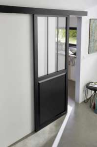 Porte coulissante vitrée esprit atelier noire H.204 x l.83 cm + système en applique