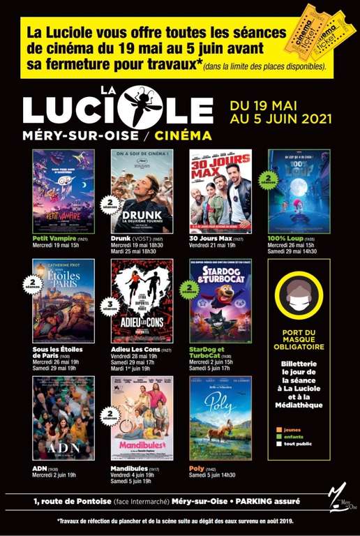 Places de Cinéma Gratuites toutes les séances/tous les jours/ tous les films jusqu'au 05/06 - Cinéma La Luciole - Méry-Sur-Oise (95)