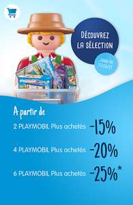 15% de réduction dès 2 jouets Playmobil Plus achetés parmi une sélection, 20% dès 4 jouets achetés et 25% dès 6 jouets achetés