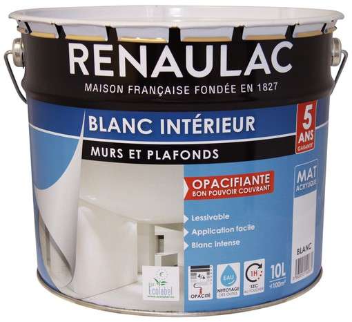 Peinture blanche acrylique d'intérieur Renaulac - Aspect mat, 10L