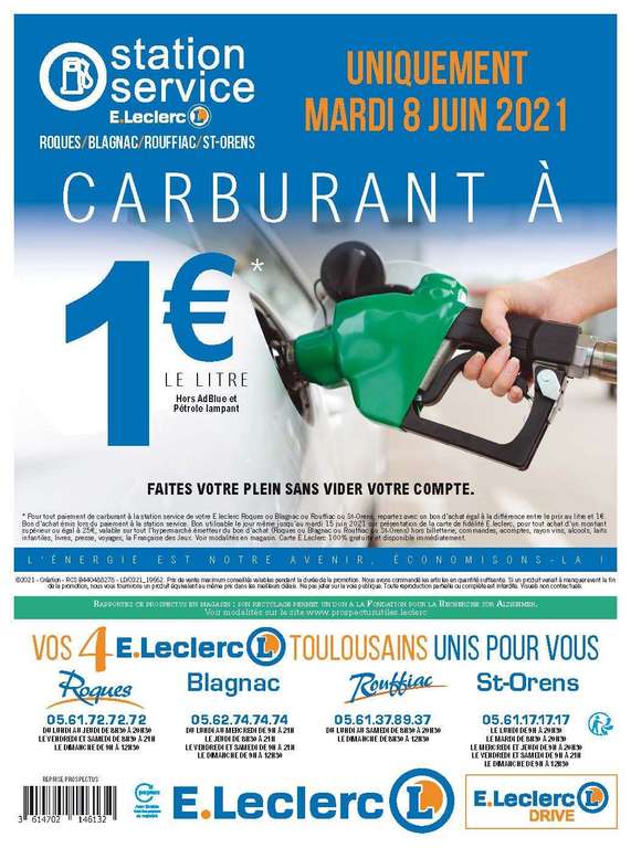 Carburant à 1€ le litre (via bon d'achat) - Roques, Blagnac, Rouffiac, St orens (31)
