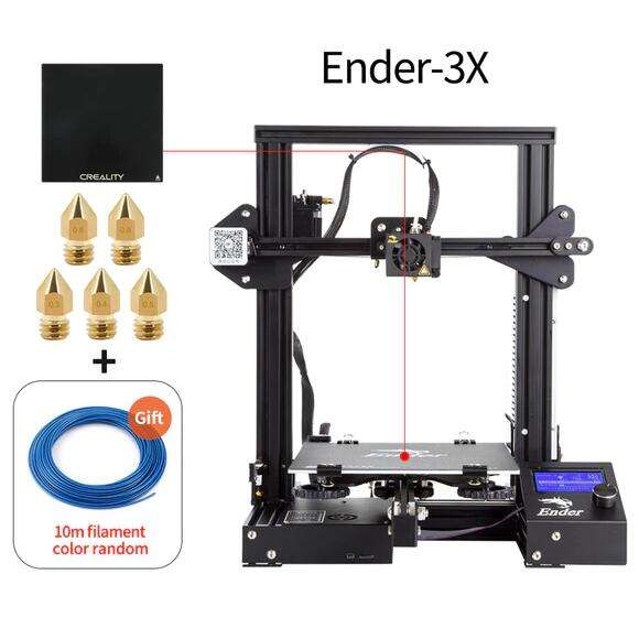 Imprimante 3D Creality Ender-3X avec Plateau en verre, 5 Buses & Filament 10m - 220 x 220 x 250 mm (Entrepôt EU)