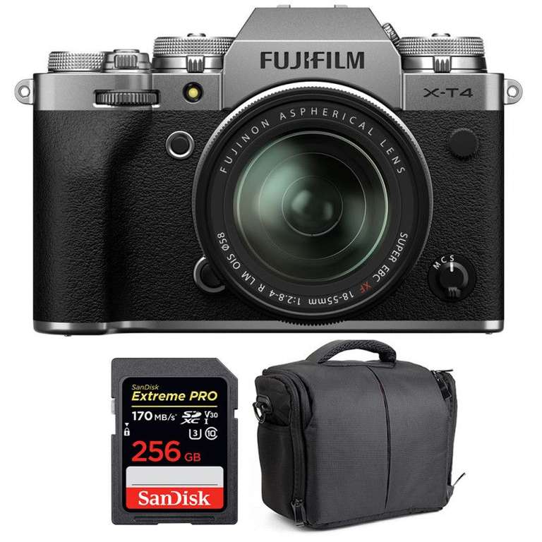 Kit appareil photo numérique hybride Fujifilm X-T4 (26.1 Mpix, CMOS 4) + objectif XF 18-55mm + carte SD SanDisk 256Go + sac (+ 42.33€ en RP)