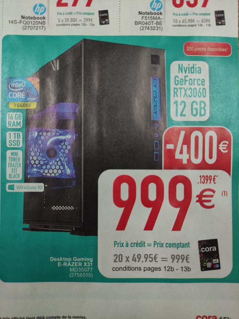 PC fixe Gamer E-Razer X31 - i5-10400F, 16 Go RAM, 1 To SSD, RTX 3060, Windows 10 (Frontaliers Belgique)