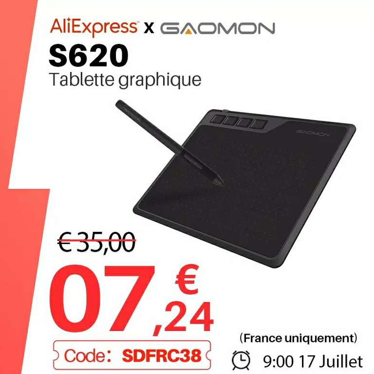 Tablette graphique Gaomon S620 - 8192 niveaux de pression et 4 touches de raccourcis (entrepôt France)