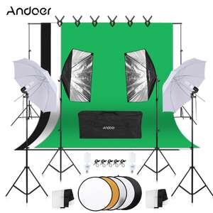 Kit studio photo Andoer : 3 Toiles de fond avec Support + 2 Softbox + 2 Parapluies + 4 Trépieds + 4 Ampoules 45W + Accessoires (Entrepôt EU)