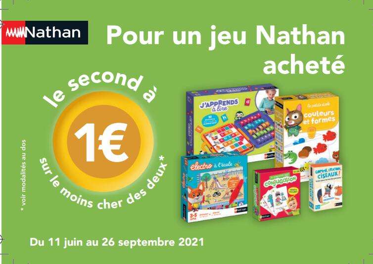 1 jeu Nathan acheté = le second à 1€ via ODR (parmi une sélection) - Ex: Conjugaison + Petit éléctro à l'école