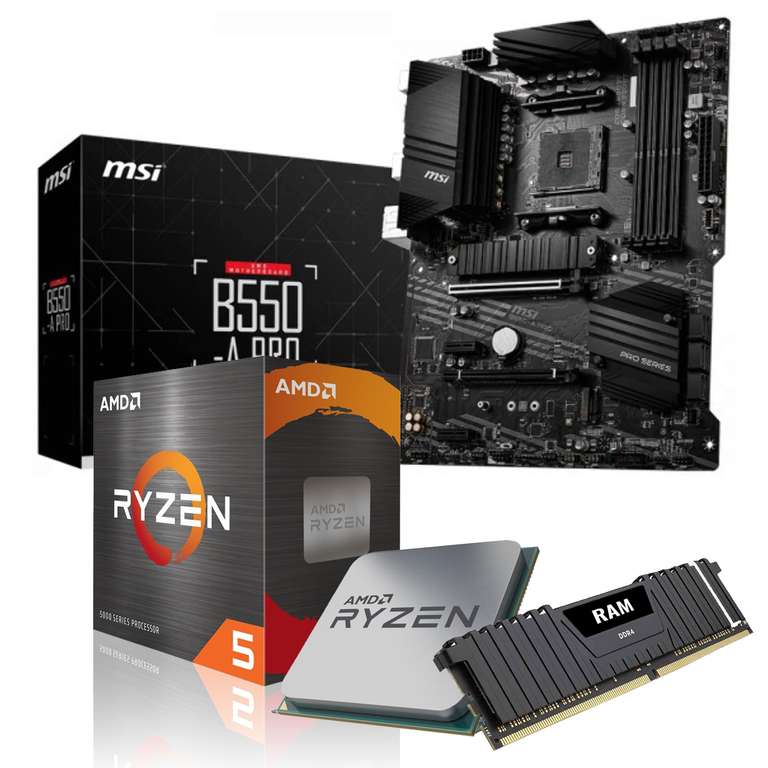 Kit carte mère MSI B550-A Pro + processeur AMD Ryzen 5 5600X (3,7 GHz) + barrette de RAM 16 Go (DDR4, 3000 Mhz)