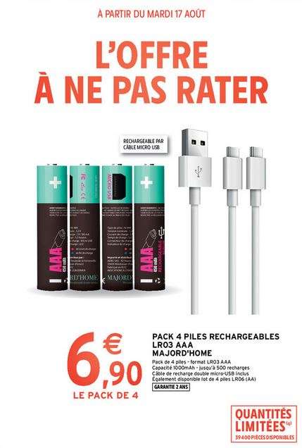 Pack 4 piles rechargeables par micro-USB AAMajord'Home - LR03 AAA ou LR06