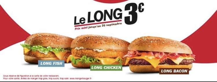 Sandwich Le Long Bacon, Long Chicken ou Long Fish à 3€