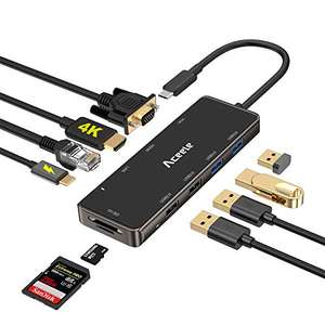 Hub USB C,10-en-1 Aceele avec 4 Ports USB, Ports HDMI 4K, VGA, 1 Gbps Ethernet, Port Type C PD, Lecteur de Carte SD&TF (Vendeur tiers)