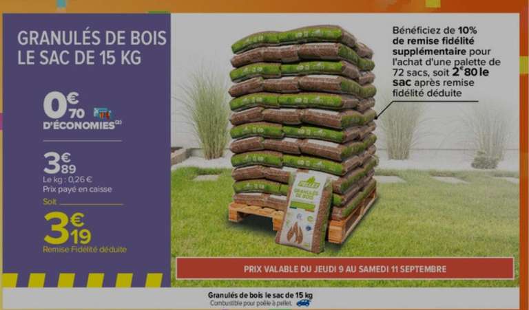 Palette de 72 sacs de granulés de bois - 70 x 15 kg (via 70.70€ sur la carte fidélité)