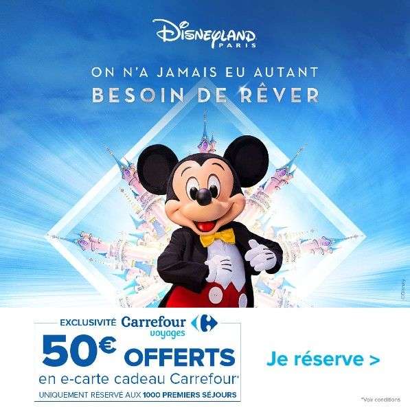 50€ offerts (en e-carte cadeau) pour une réservation dans 1 des 3 hôtels participants à DisneyLand Paris (Uniquement pour les 1000 premiers)