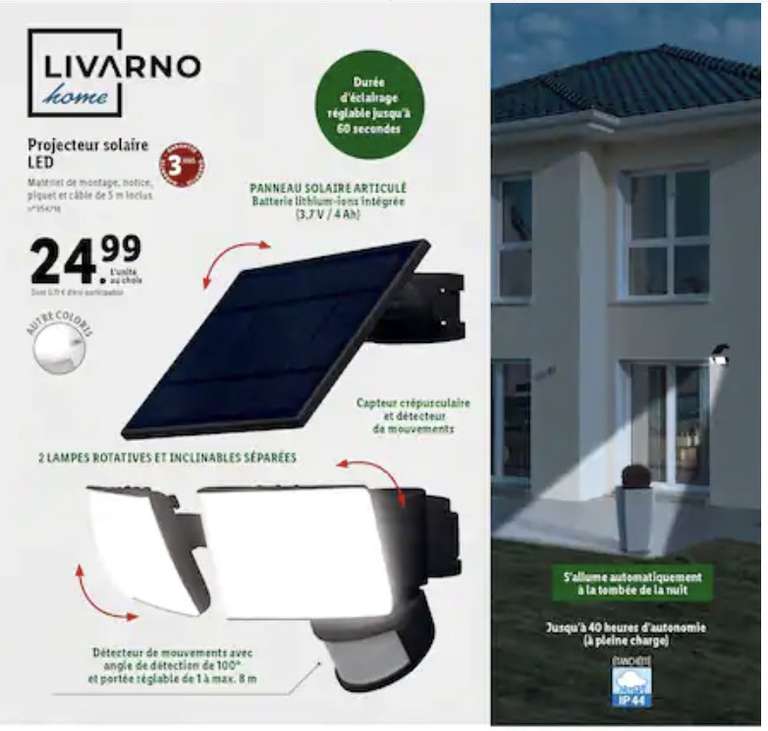 Projecteur solaire LED extérieur Livarno Home - 2 lampes inclinables / rotatives, avec détecteur de mouvements et de crépuscule