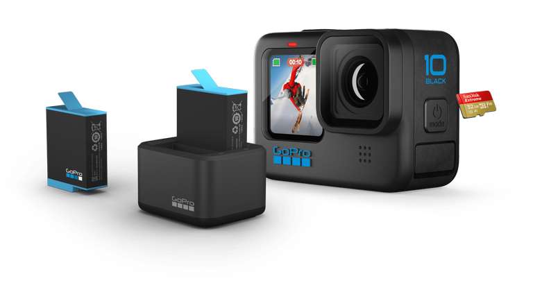 Pack caméra sportive GoPro Hero10 Black + abonnement d'un an GoPro + carte microSDXC SanDisk Extreme (32 Go) + 2ème batterie