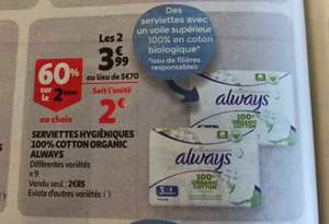 Lot de 2 paquets de serviettes Hygiéniques 100% coton Always (via BDR)
