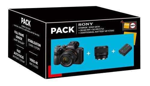 Pack Appareil Photo Hybride Sony Alpha 7III Noir + Objectifs FE 28-60mm f/4-5.6 & FE 50mm f/1,8 + Batterie additionnelle Sony NP-FZ100