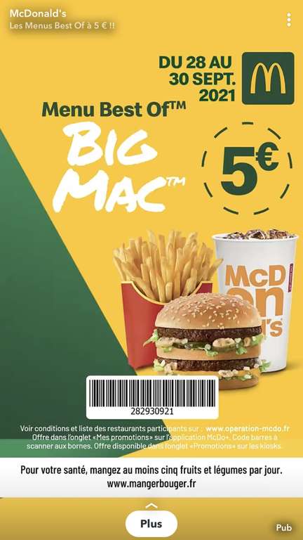 Menu Best Of à 5€ (Big Mac, Filet-O-Fish, McChicken ou 6 Chicken McNuggets) - en restaurants participants