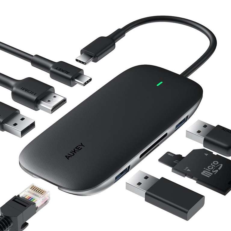 Hub USB-C Aukey 8-en-1 CB-C71 - Ethernet Gigabit, USB-C HDMi 4K, USB 3.0, SD et Micro SD (aukey.com)