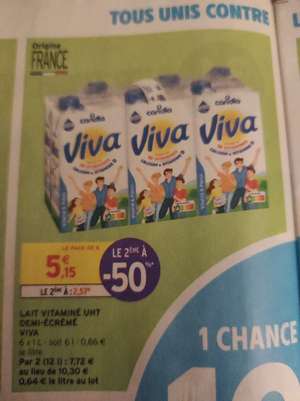 2 Packs de 6 Briques de lait Candia Viva UHT Demi-écrémé (12x 1L)