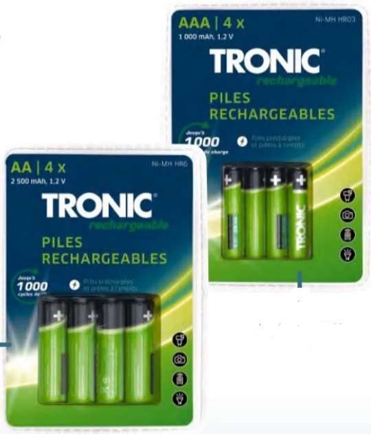 Lot de 4 piles rechargeables Tronic AA (2500 mAh) ou AAA (1000 mAh)