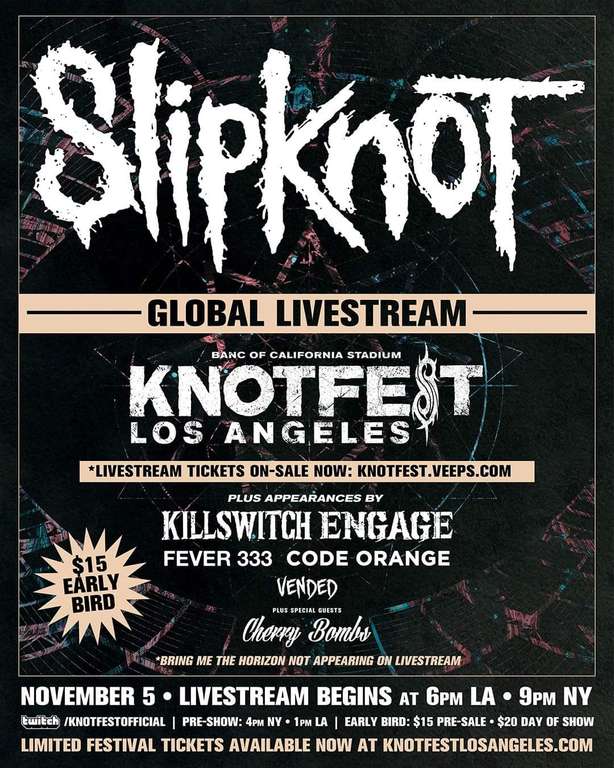 25% de réduction sur le concert en streaming de Slipknot au Knotfest Los Angeles (dématérialisé) - knotfest.Veeps.com