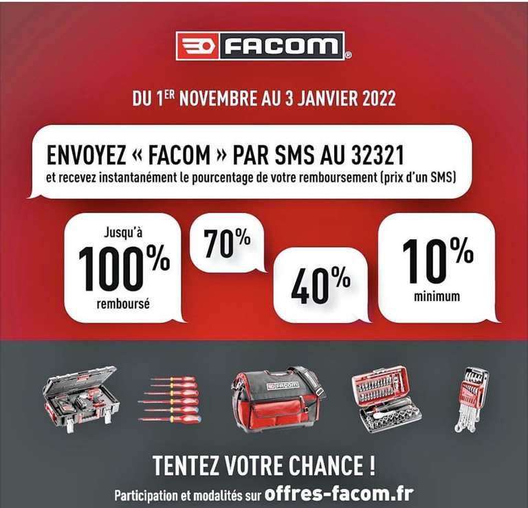 Jeu 100% gagnant Facom (via SMS): 10% de réduction minimum via ODR sur une sélection de produits dès 50€ d'achat (offres-facom.fr)