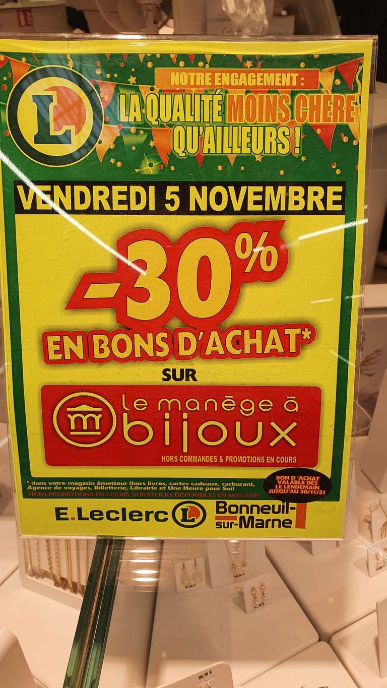 30% en bons d'achat sur le Manège à Bijoux (hors promotions) - Bonneuil (94)