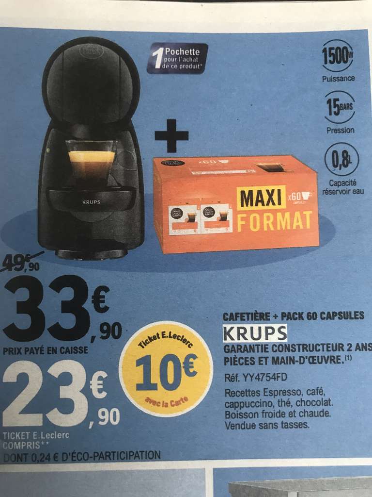 Machine à capsules manuelle Krups Dolce Gusto + Boîte de 60 Capsules de café Nescafé Dolce Gusto (via 10€ sur la carte fidélité)