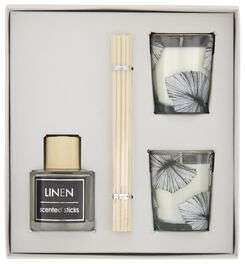 Coffret parfum d'intérieur Hema Linen - avec un flacon & bâtonnets + 2 bougies