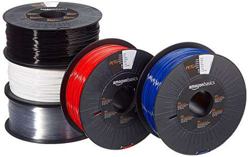 Lot de 5 bobines Amazon Basics Filament PETG pour imprimante 3D - 5 x 1 kg, 1,75 mm, 5 couleurs assorties