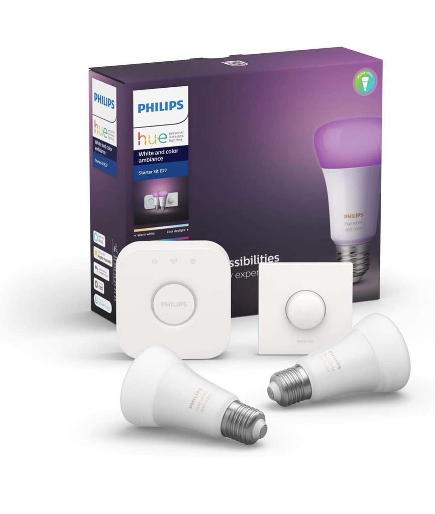 Kit de démarrage Philips Hue: 2 ampoules LED connectées White & Color Ambiance E27 + pont + télécommande Smart Button