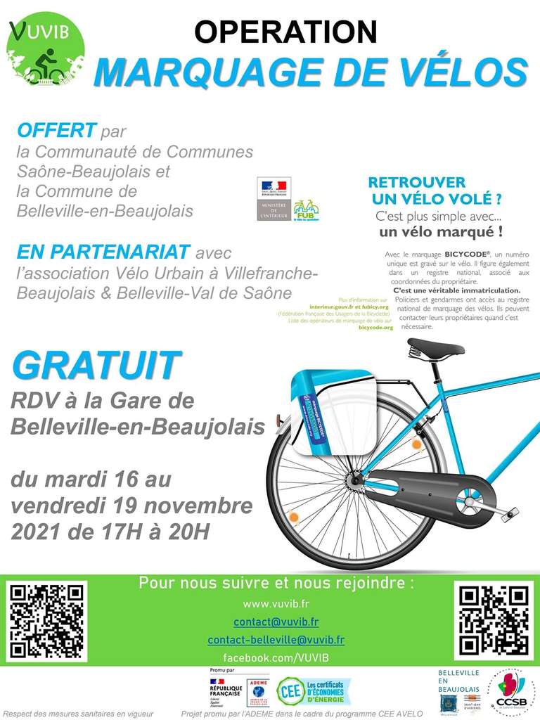 Marquage de vélo BicyCode gratuit - Belleville-en-Beaujolais (69)