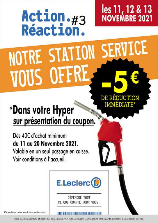 Bon de 5€ de réduction dès 40€ de courses offert pour tout passage à la station service (du 11 au 20/11) - Saint-Étienne-du-Rouvray (76)