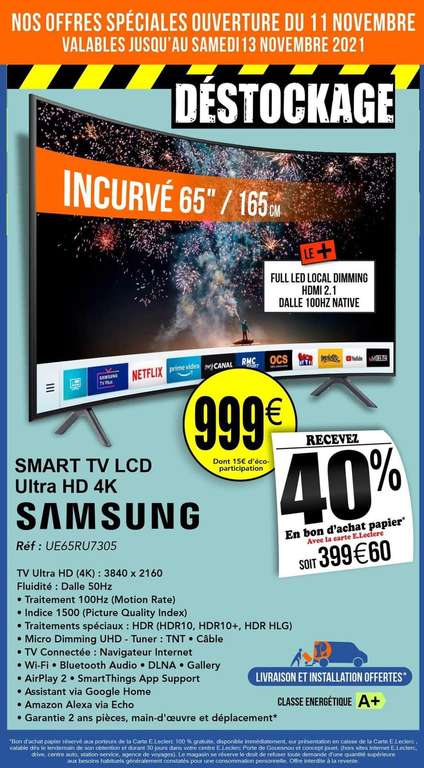 TV 65" Samsung UE65RU7305 - 4K UHD, HDR 10+, Incurvé, 1500 PQI, PurColor, Smart TV (via 399.60€ en ticket) - Gouesnou (29)