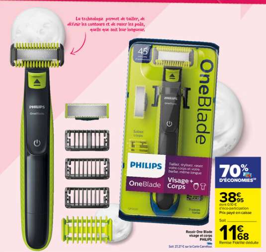 Rasoir électrique Philips OneBlade Visage & Corps + 3 sabots barbe (via 27.27€ sur la carte fidélité)
