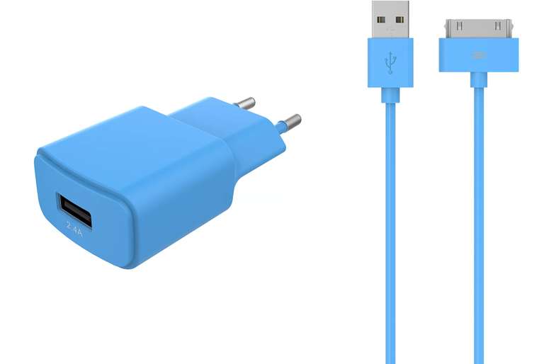 Chargeur secteur Essentielb USB 2,4A + câble 30 broches bleu