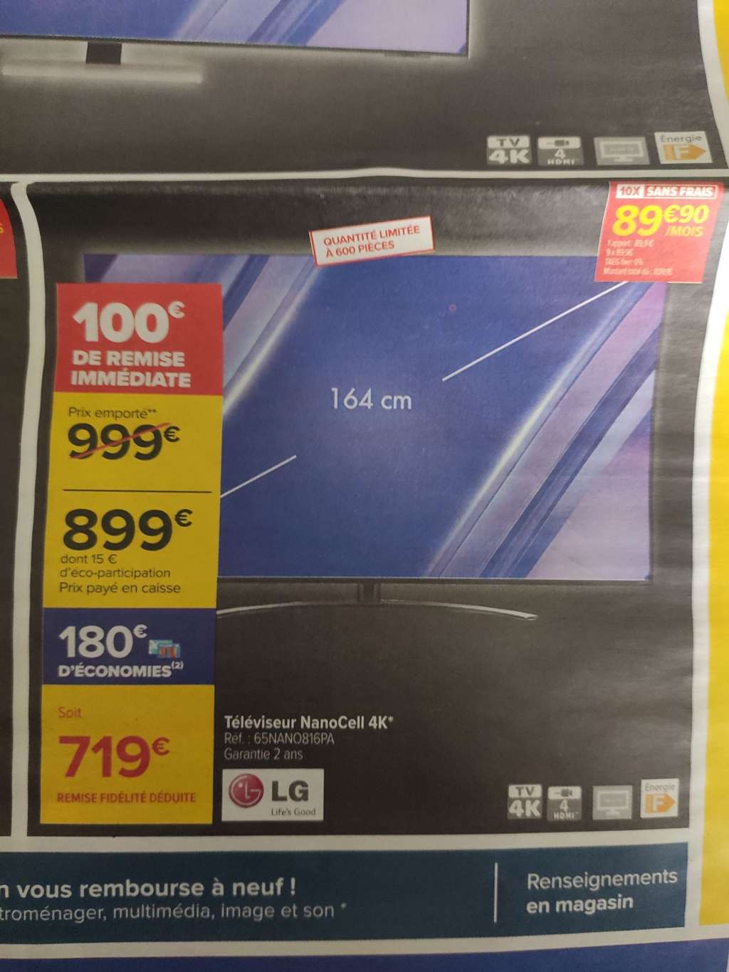 TV NanoCell 65" LG 65NANO81 - 4K UHD, Smart TV, Full LED, HDR10 (Via 180€ sur la carte fidélité)