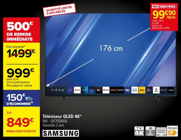 TV 70" Samsung QE70Q60A (via 150€ sur la Carte de Fidélité)